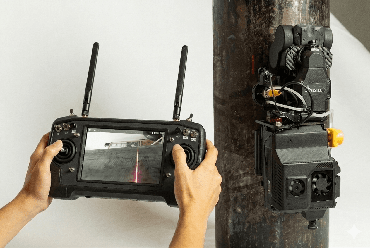 Operator with Xron ST controller showing live feed